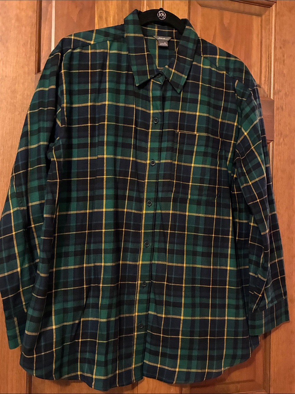 Eddie Bauer Green, Blue, Black & Yellow Plaid Flannel Button-Down Shirt